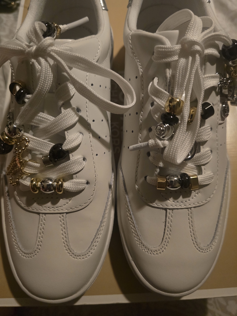 Michael Kors White Leather Lace-Up Sneakers with Gold & Silver Charms